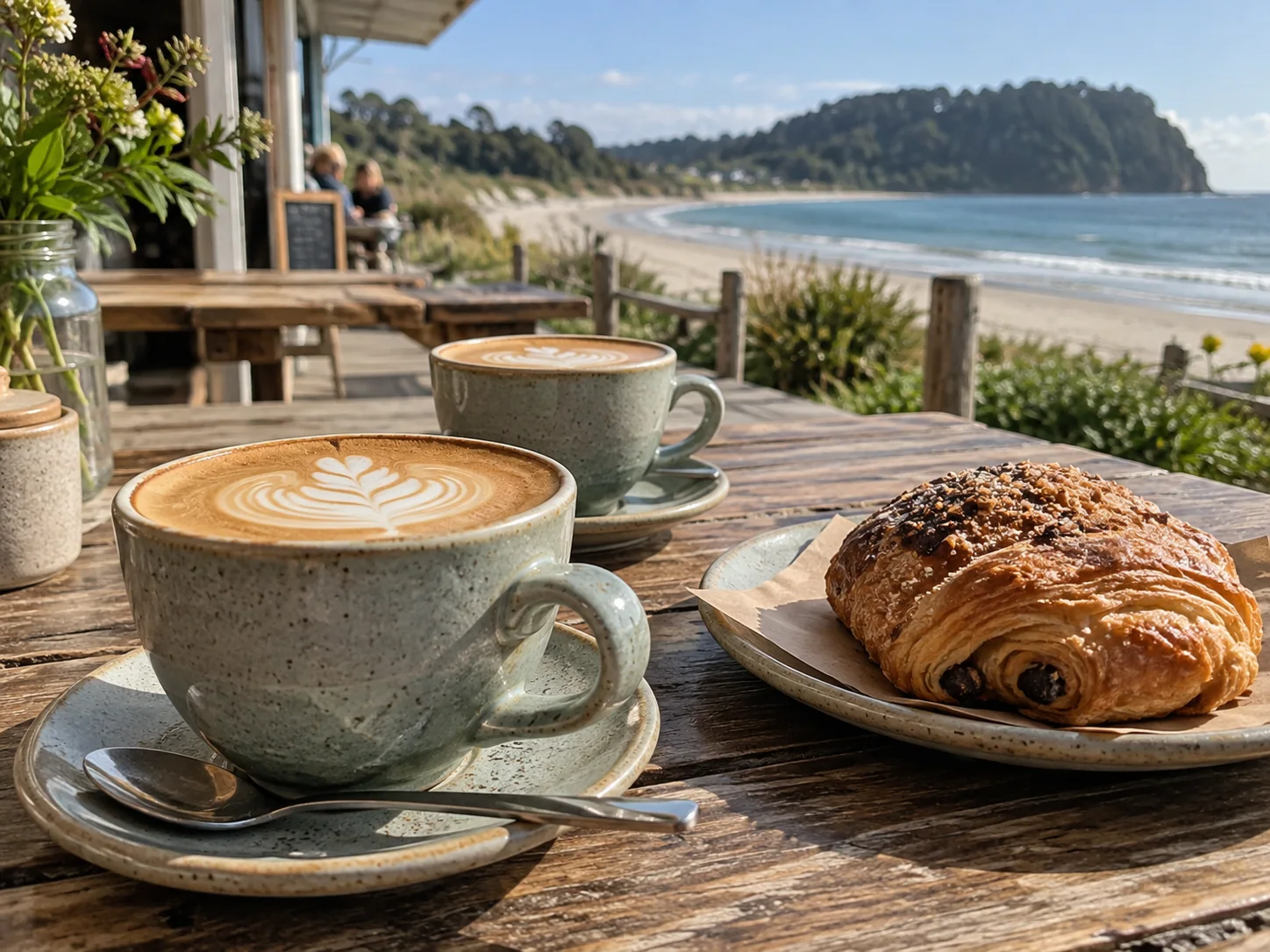 Coffee and a pastry on a timber cafe table.
