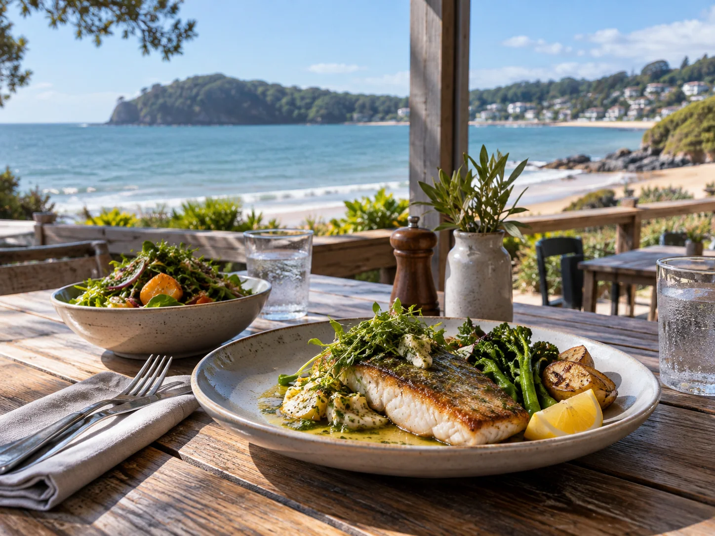 A plated meal and salad on an outdoor restaurant table.