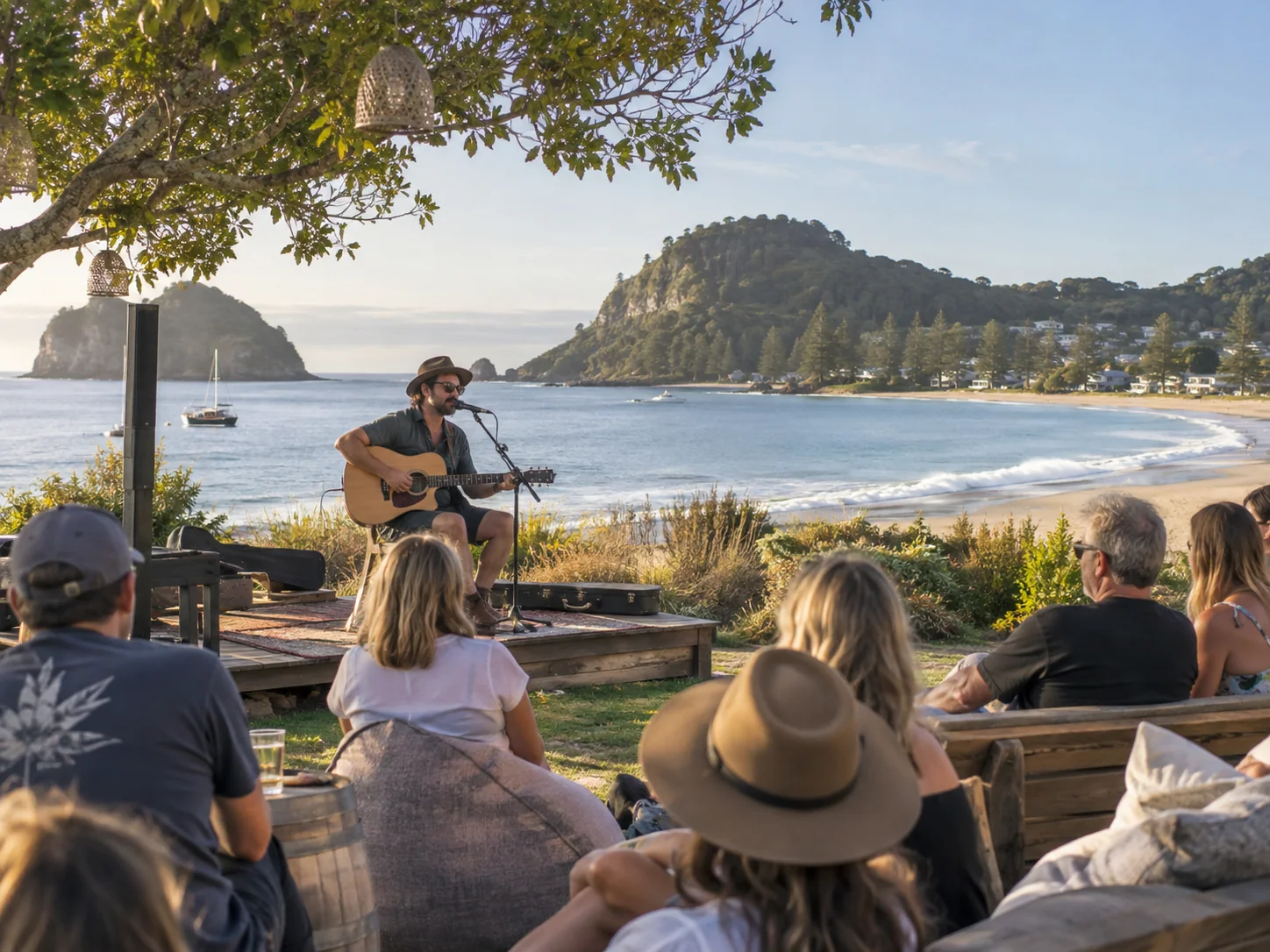 An acoustic guitarist performing for a small audience.