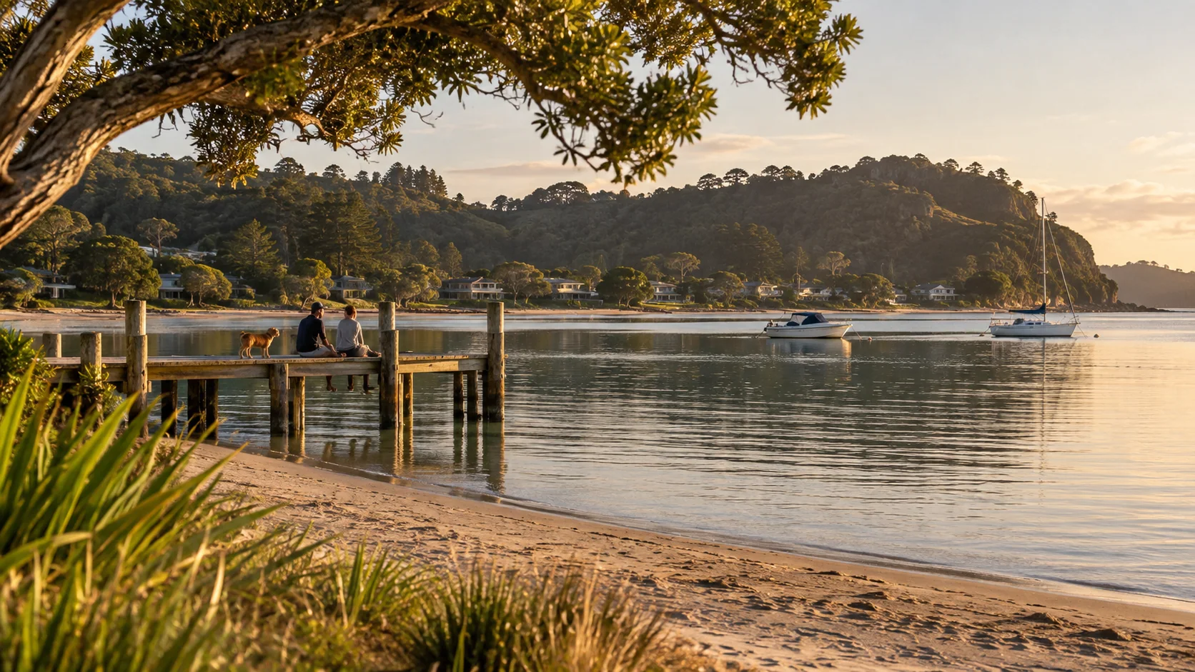 Warm evening light across sheltered coastal water.