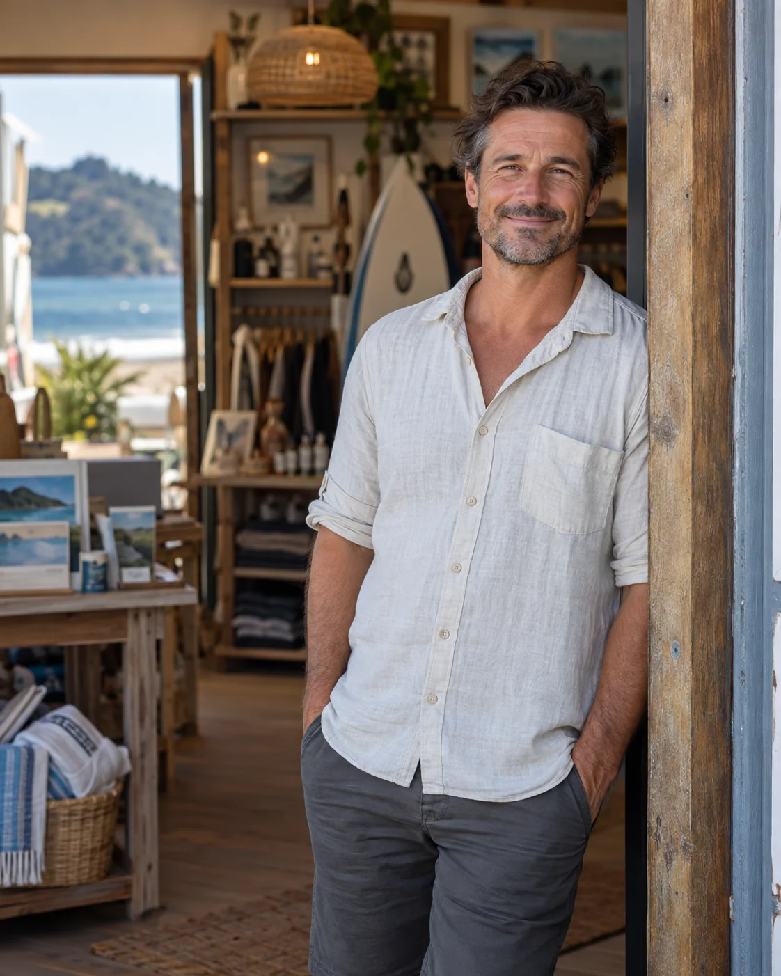 A shop owner standing in a timber doorway.
