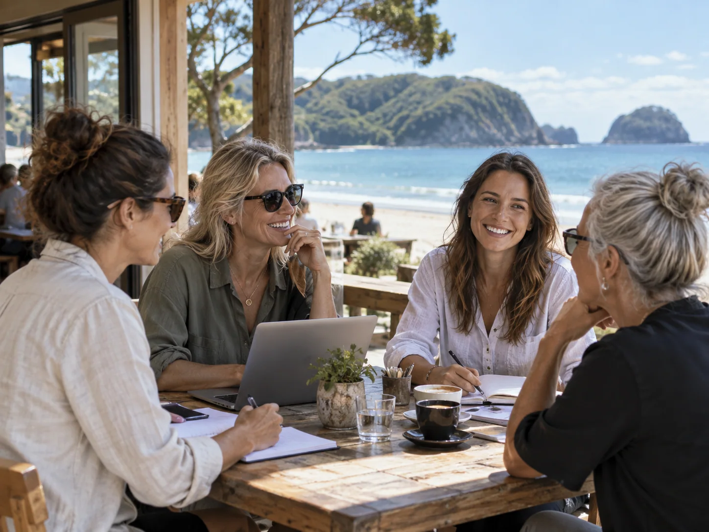 Women talking together around a cafe table.