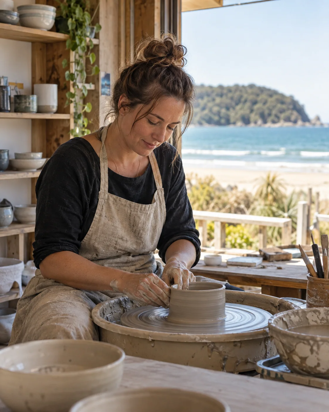A ceramicist shaping a bowl in a workshop.