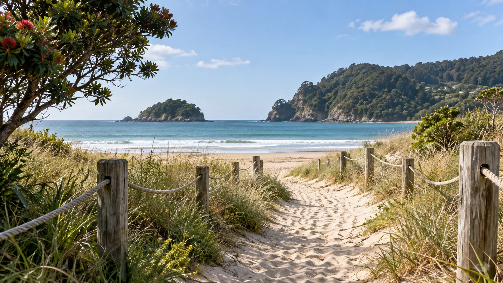 A sandy coastal path between dune grasses.