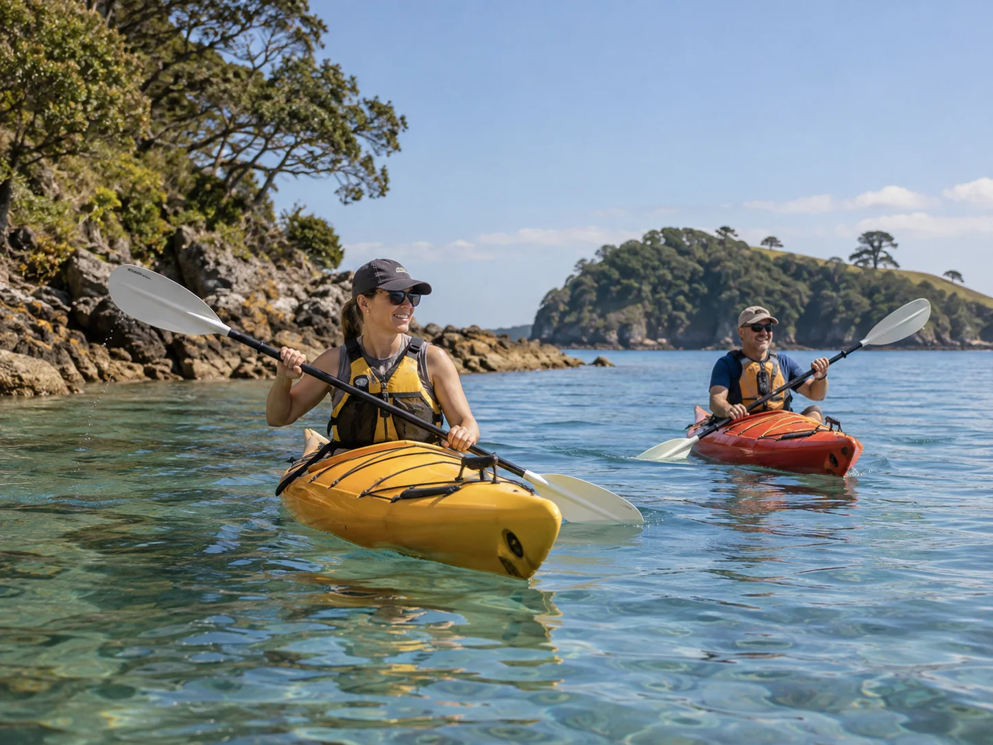 Two kayakers wearing lifejackets on sheltered water.