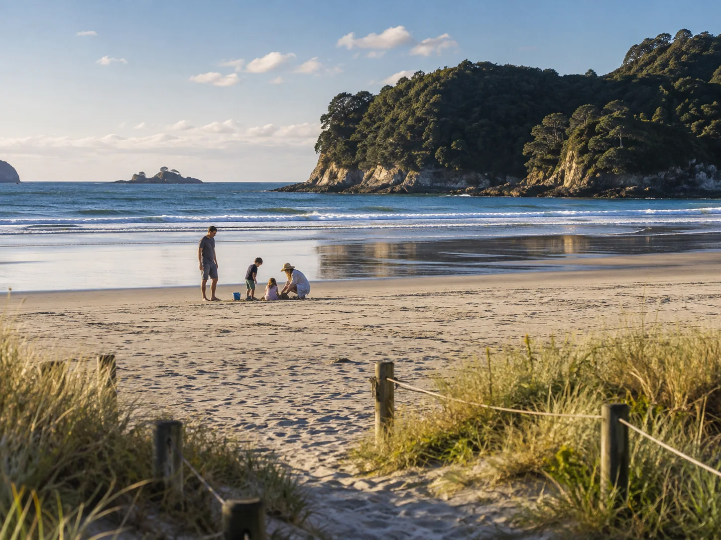 A family playing on a broad sandy beach.