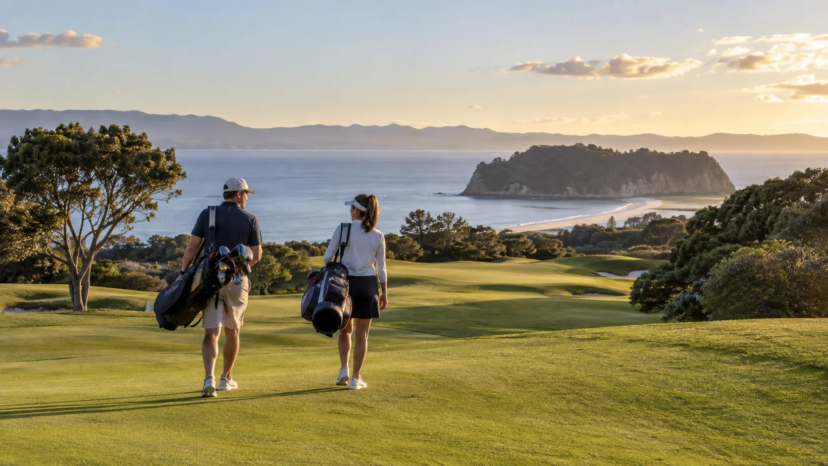 Two golfers walking down a green fairway.