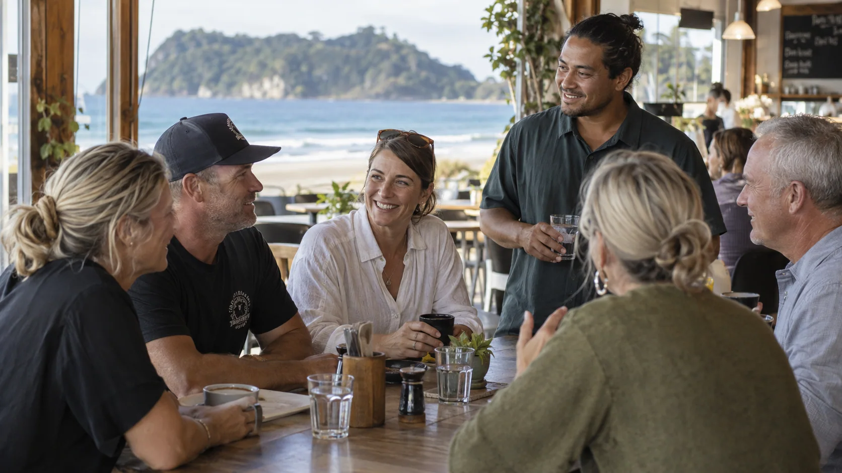 Local business owners in conversation around a cafe table.