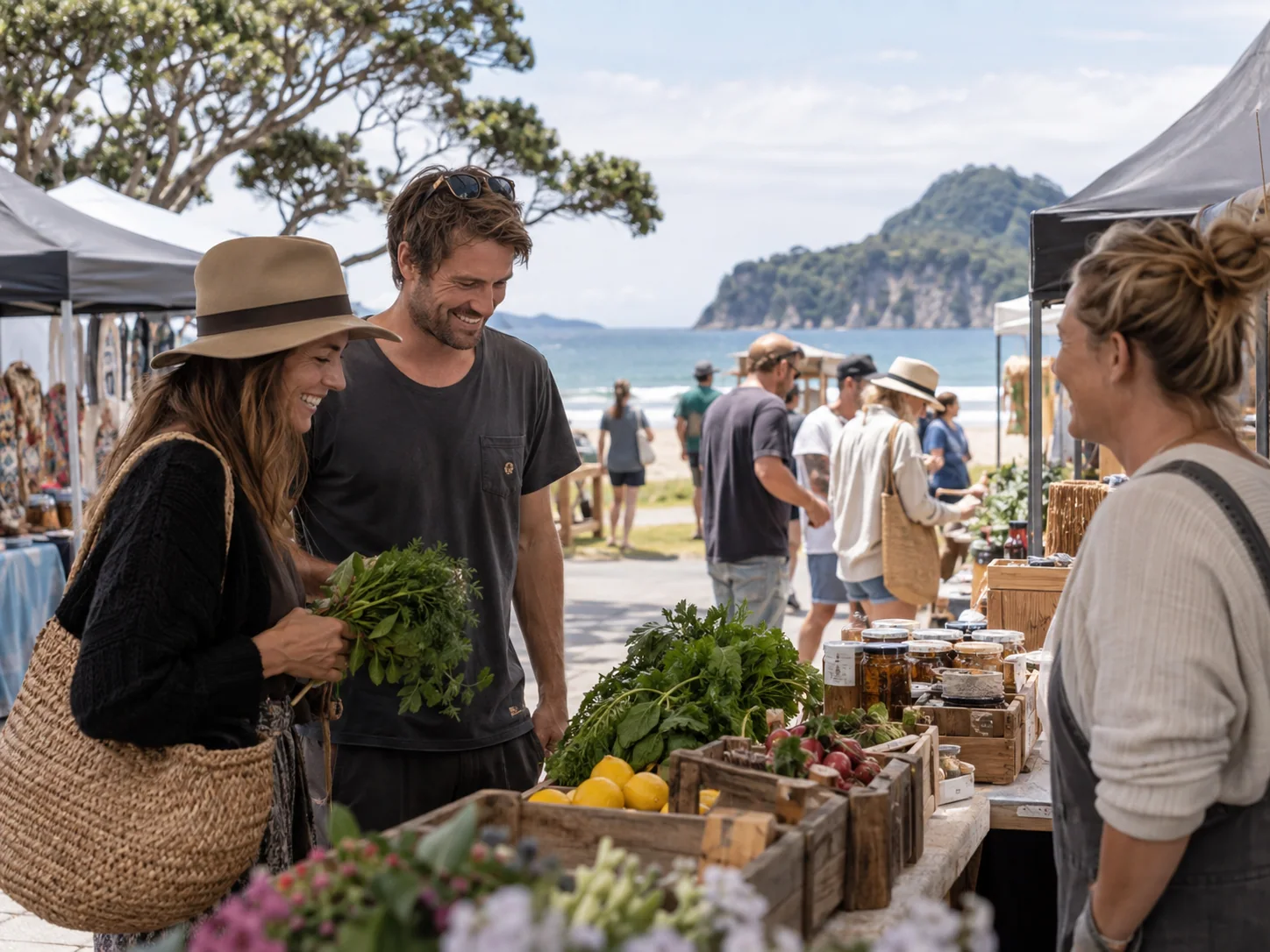 Shoppers browsing produce at a community market.